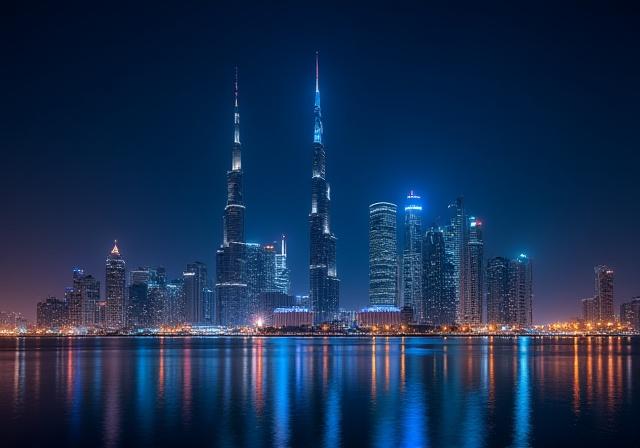 أفق مدينة الكويت الحديثة ليلا مع أضواء مبهرة